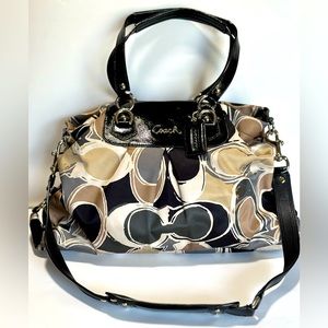 Coach Ashley Black, Grey and Tan Satin Scarf Print Shoulder Bag #F17644